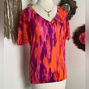 Offer Express lightweight semi sheer colorful purple orange button up back XS